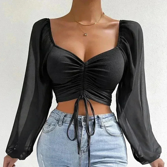 Black Casual Women's Sweetheart Neck Drawstring Lantern Sleeve Crop Top - Picture 4 of 5